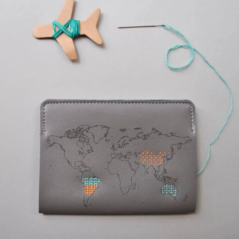 Stitch Where You've Been Passport Cover DIY Kit, Grey